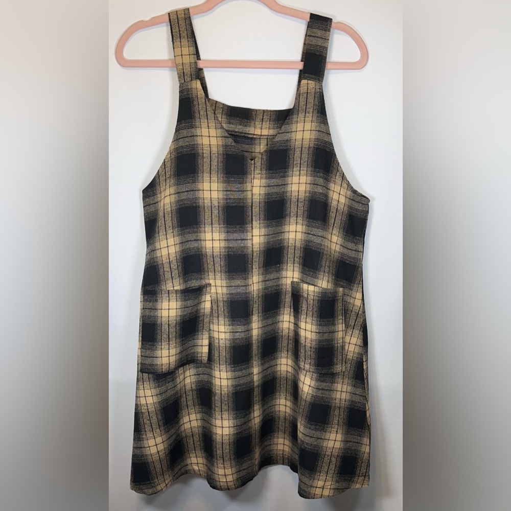 SHEIN Black Brown Tan Plaid Overall Dress Size Medium NWOT